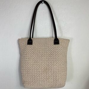 Chic Beige Tote Bag with Brown handles crochet
